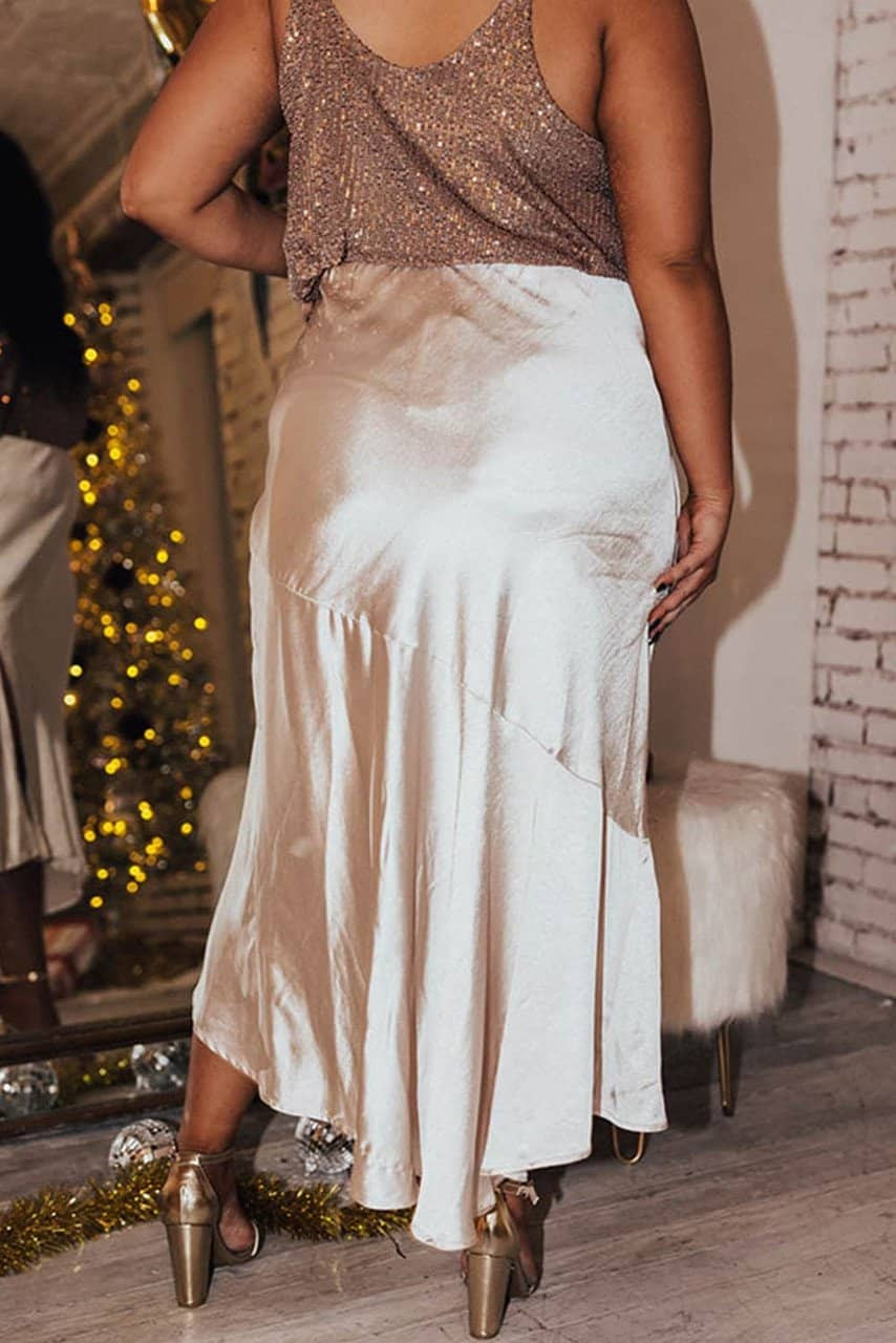 Beige Satin Split Ruffled High Waist Plus Size Skirt Beige Satin Split Ruffled High Waist Plus Size Skirt