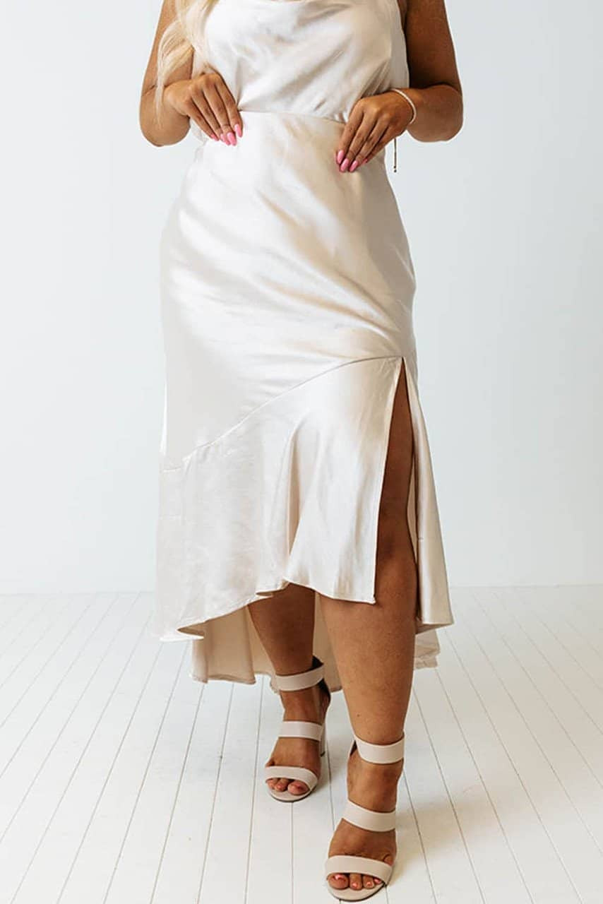 Beige Satin Split Ruffled High Waist Plus Size Skirt Beige Satin Split Ruffled High Waist Plus Size Skirt