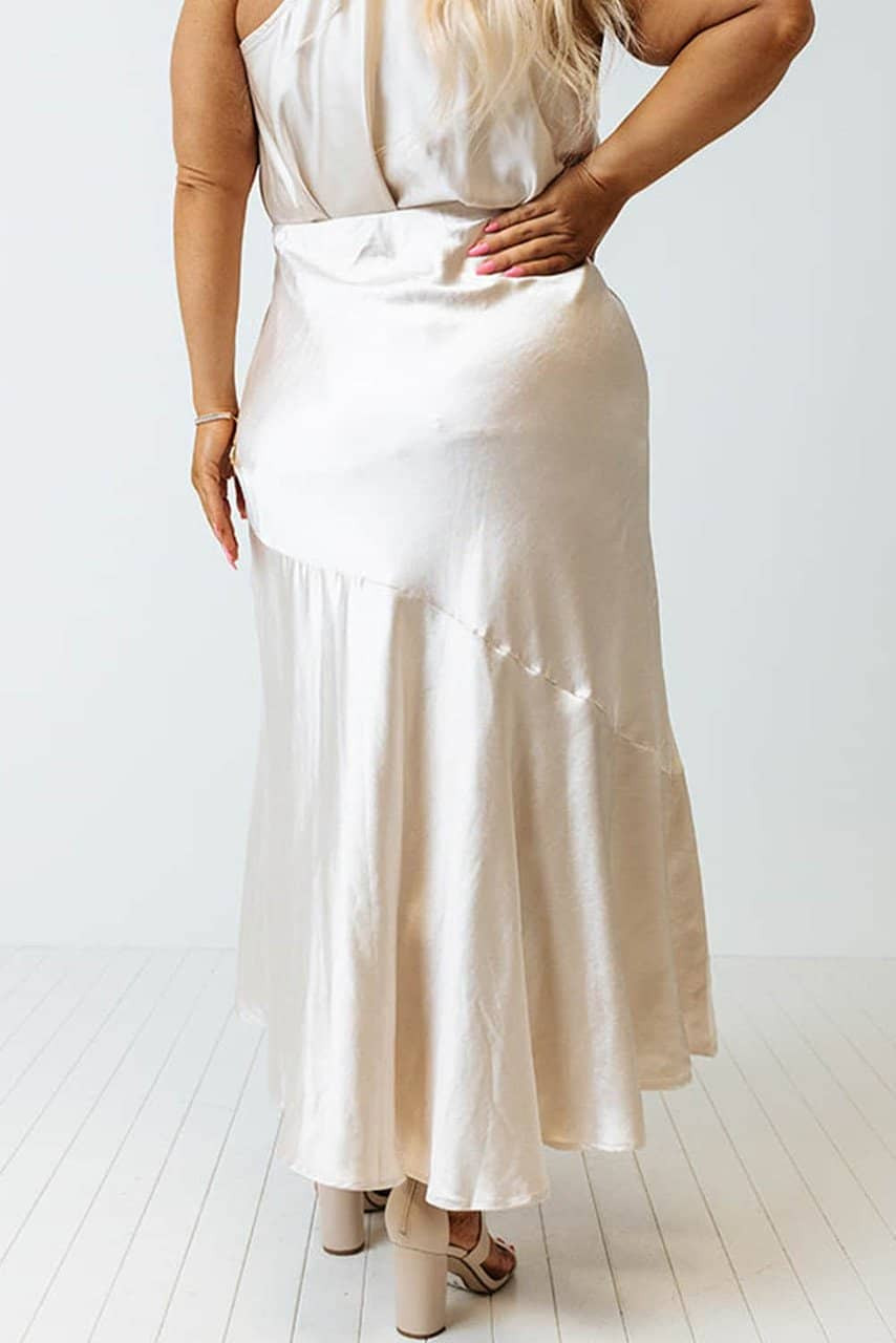 Beige Satin Split Ruffled High Waist Plus Size Skirt Beige Satin Split Ruffled High Waist Plus Size Skirt