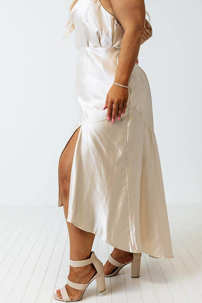 Beige Satin Split Ruffled High Waist Plus Size Skirt Beige Satin Split Ruffled High Waist Plus Size Skirt