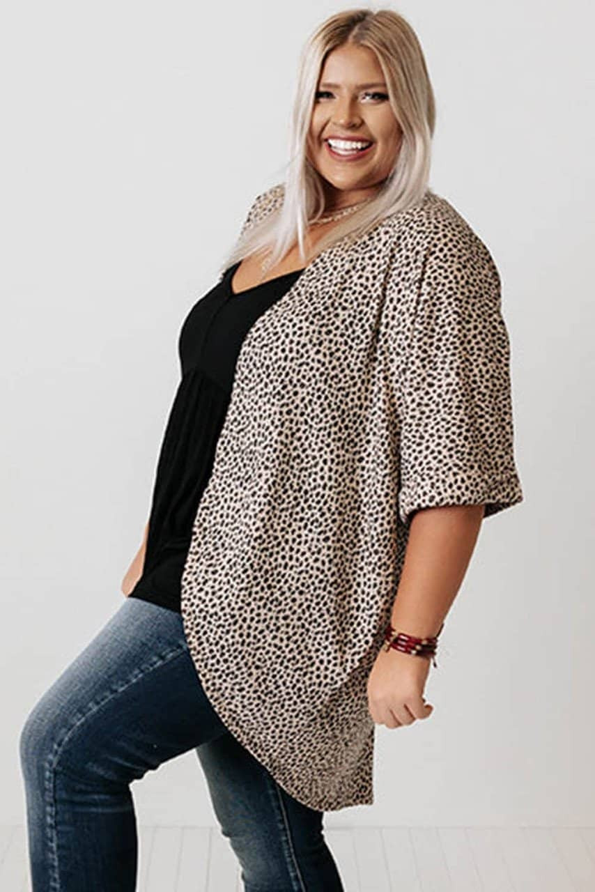 Khaki Plus Size Leopard Print Half Sleeve Open Front Cardigan Khaki Plus Size Leopard Print Half Sleeve Open Front Cardigan