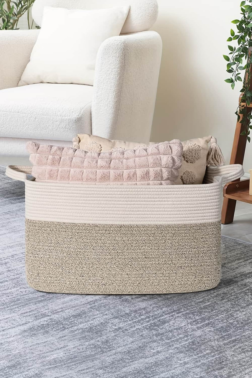 Beige Colorblock Handled Large Capacity Cotton Basket