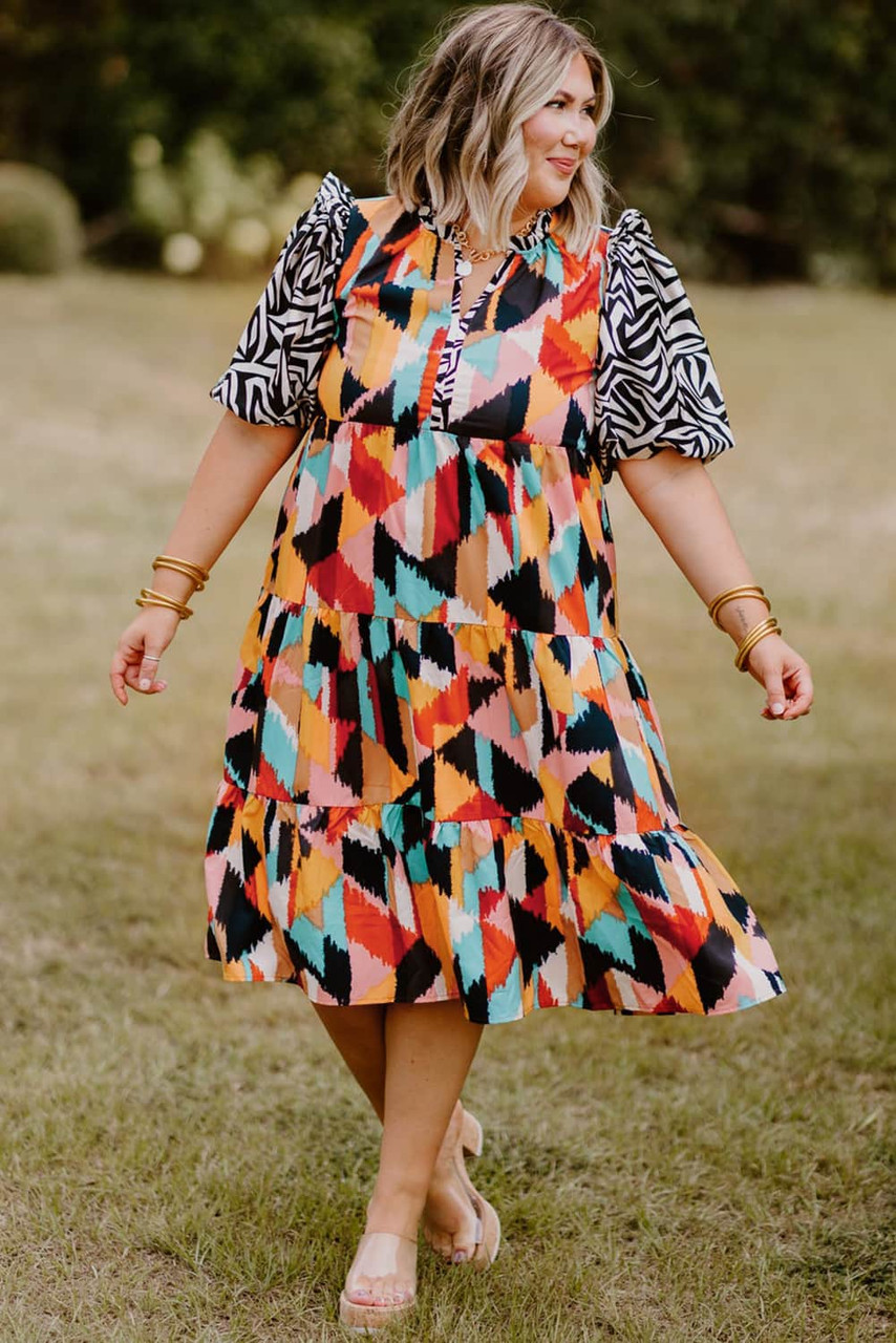 Pink Contrast Puff Sleeve Abstract Print Tiered Plus Size Dress