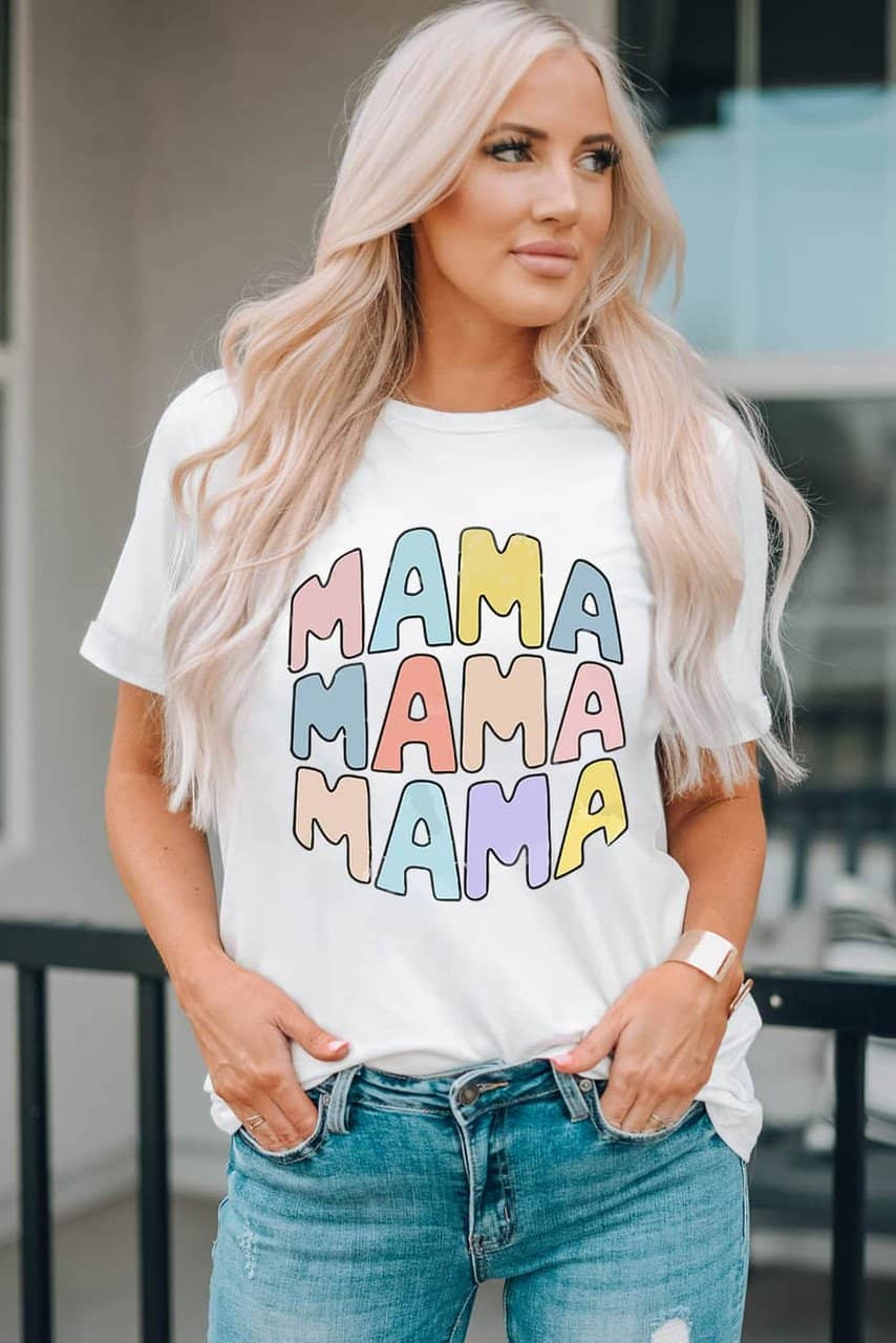White MAMA Slogan Print Crew Neck Casual T Shirt White MAMA Slogan Print Crew Neck Casual T Shirt
