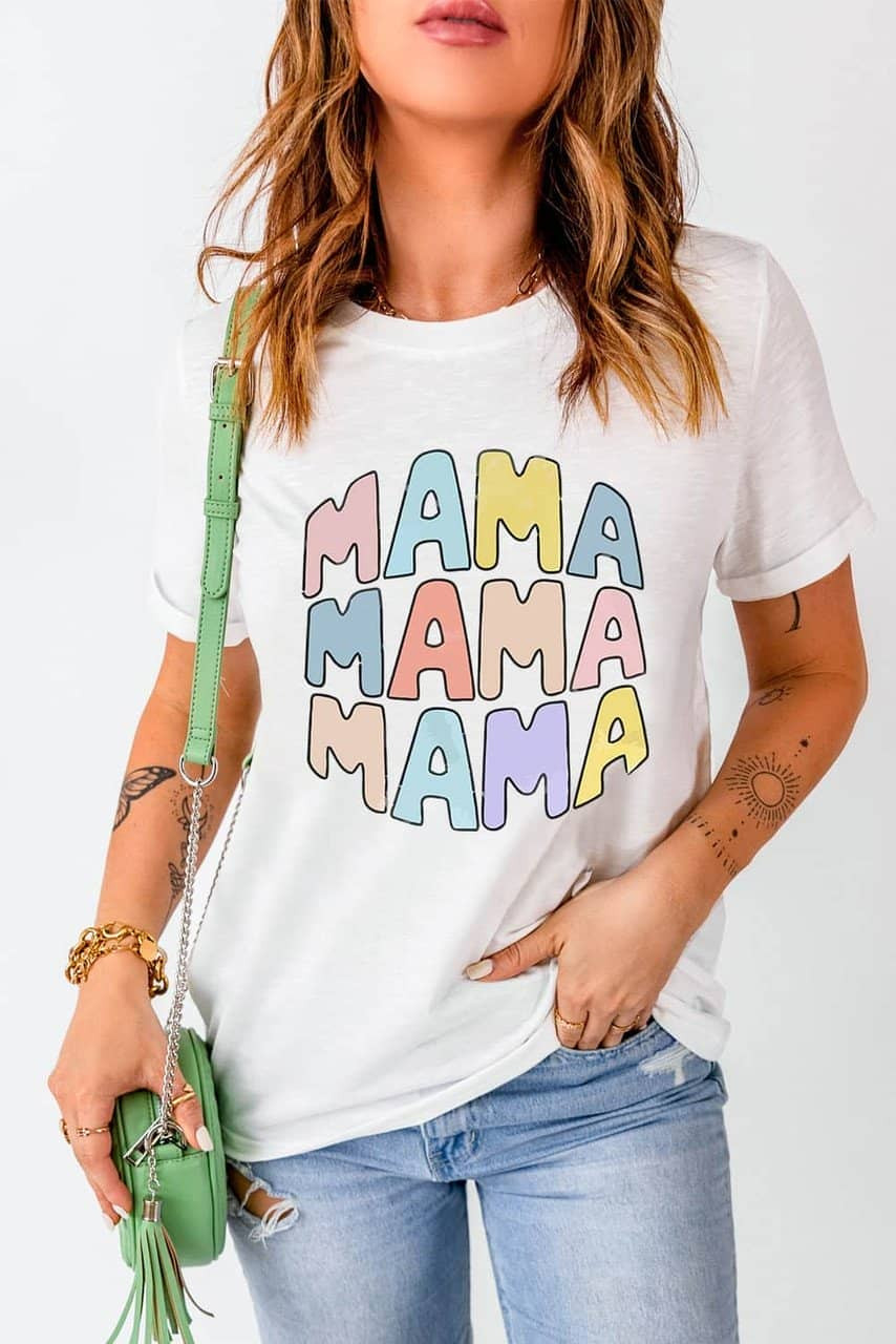 White MAMA Slogan Print Crew Neck Casual T Shirt White MAMA Slogan Print Crew Neck Casual T Shirt