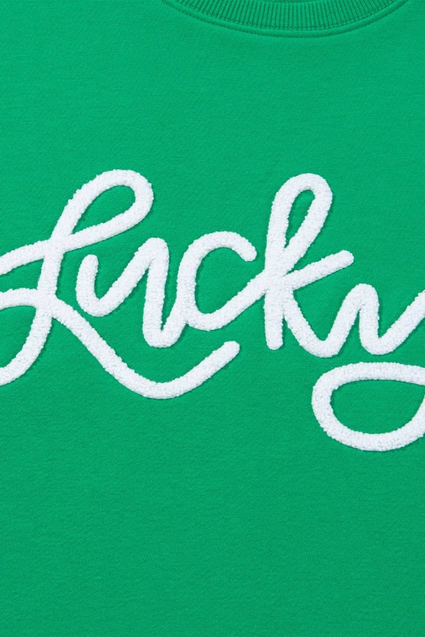Green LUCKY Aphabet Chenille Embroidered Pullover Sweatshirt Green LUCKY Aphabet Chenille Embroidered Pullover Sweatshirt