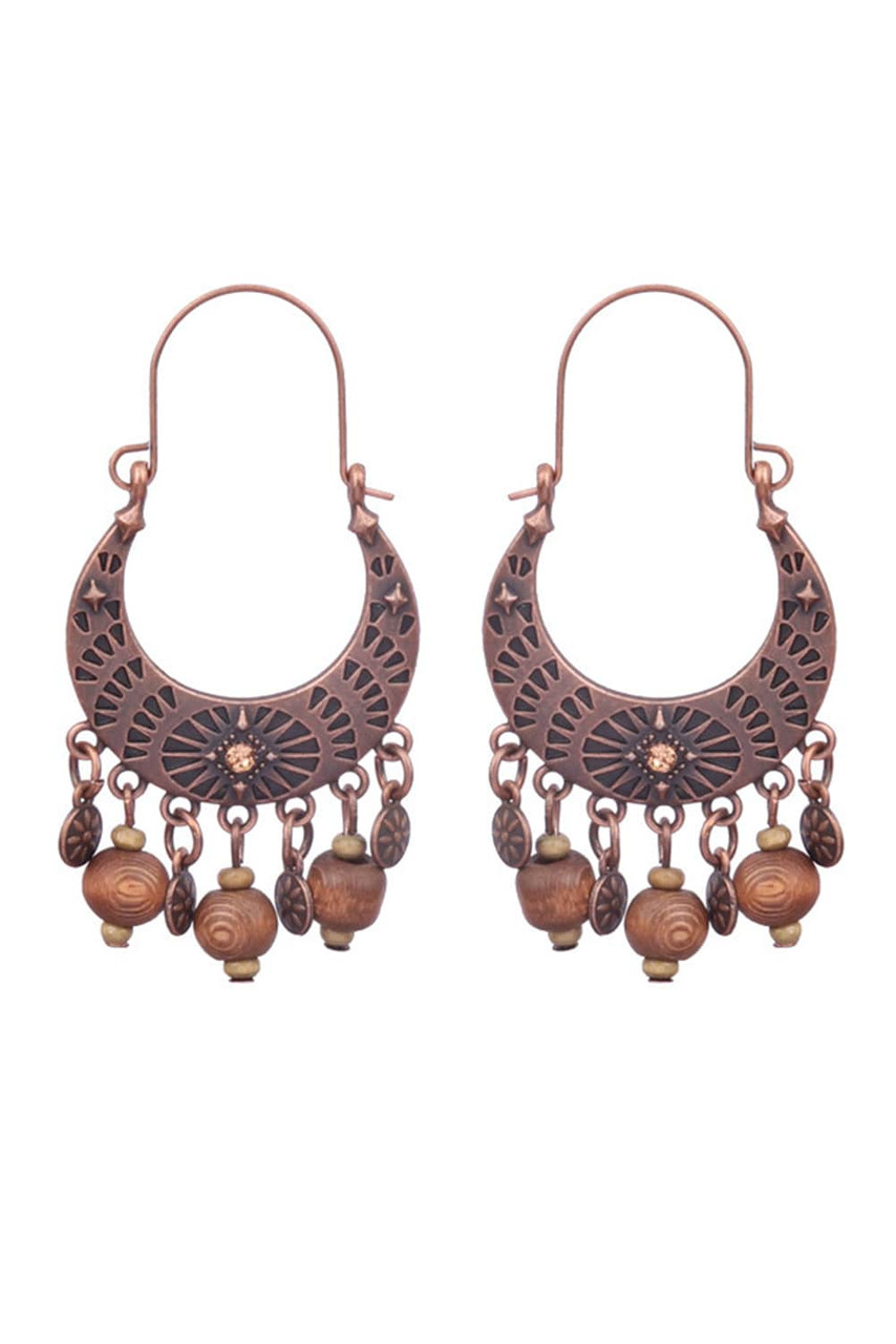 Chestnut Vintage Semilune Shape Wooden Beaded Dangle Earrings