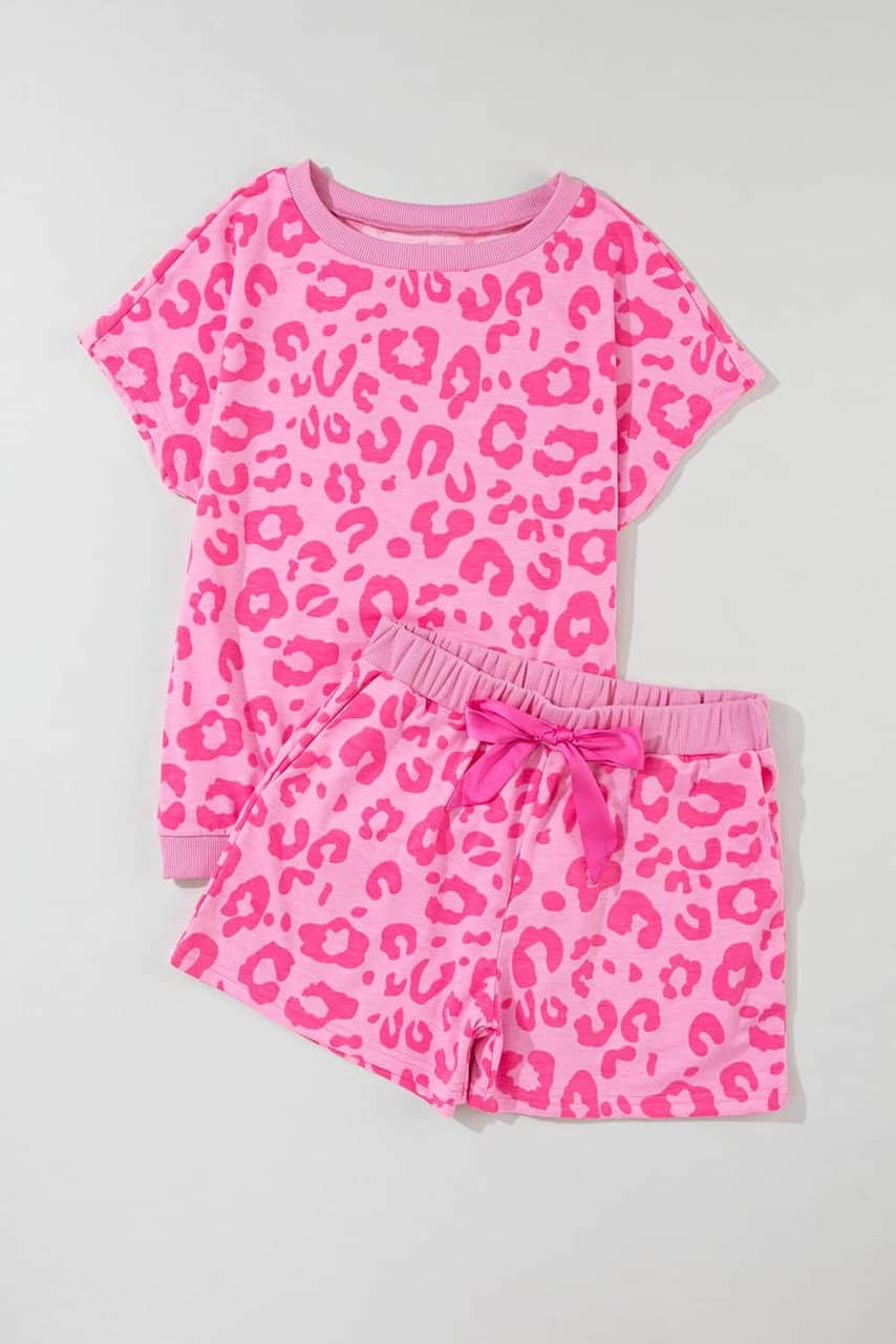 Pink Leopard Print Tee and Satin Tie Shorts Lounge Set Pink Leopard Print Tee and Satin Tie Shorts Lounge Set