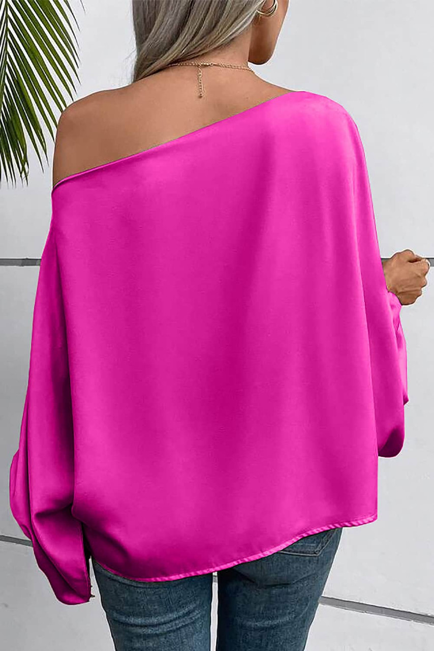 Bright Pink Asymmetrical Neck Balloon Sleeve Satin Blouse