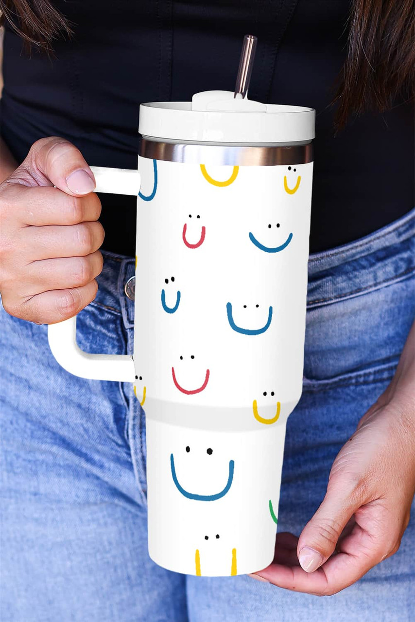 White Smiling Face Print Handle Vacuum Cup 1200ml White Smiling Face Print Handle Vacuum Cup 1200ml