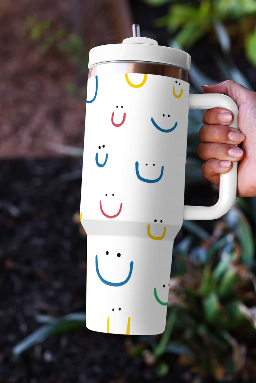 White Smiling Face Print Handle Vacuum Cup 1200ml White Smiling Face Print Handle Vacuum Cup 1200ml