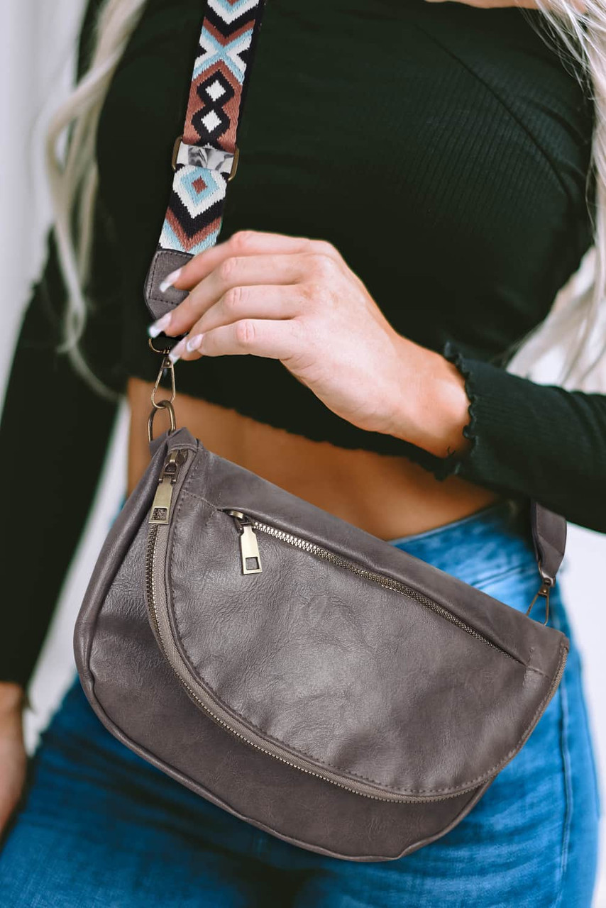 Dark Grey Flap Snap Faux Leather Crossbody Bag