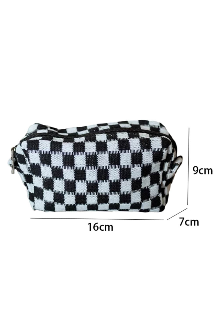 Black Checkered Knitted Zipper Makeup Bag