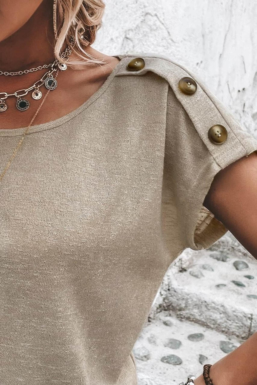 Smoke Gray Button Detail Batwing Sleeve Casual Tee Smoke Gray Button Detail Batwing Sleeve Casual Tee