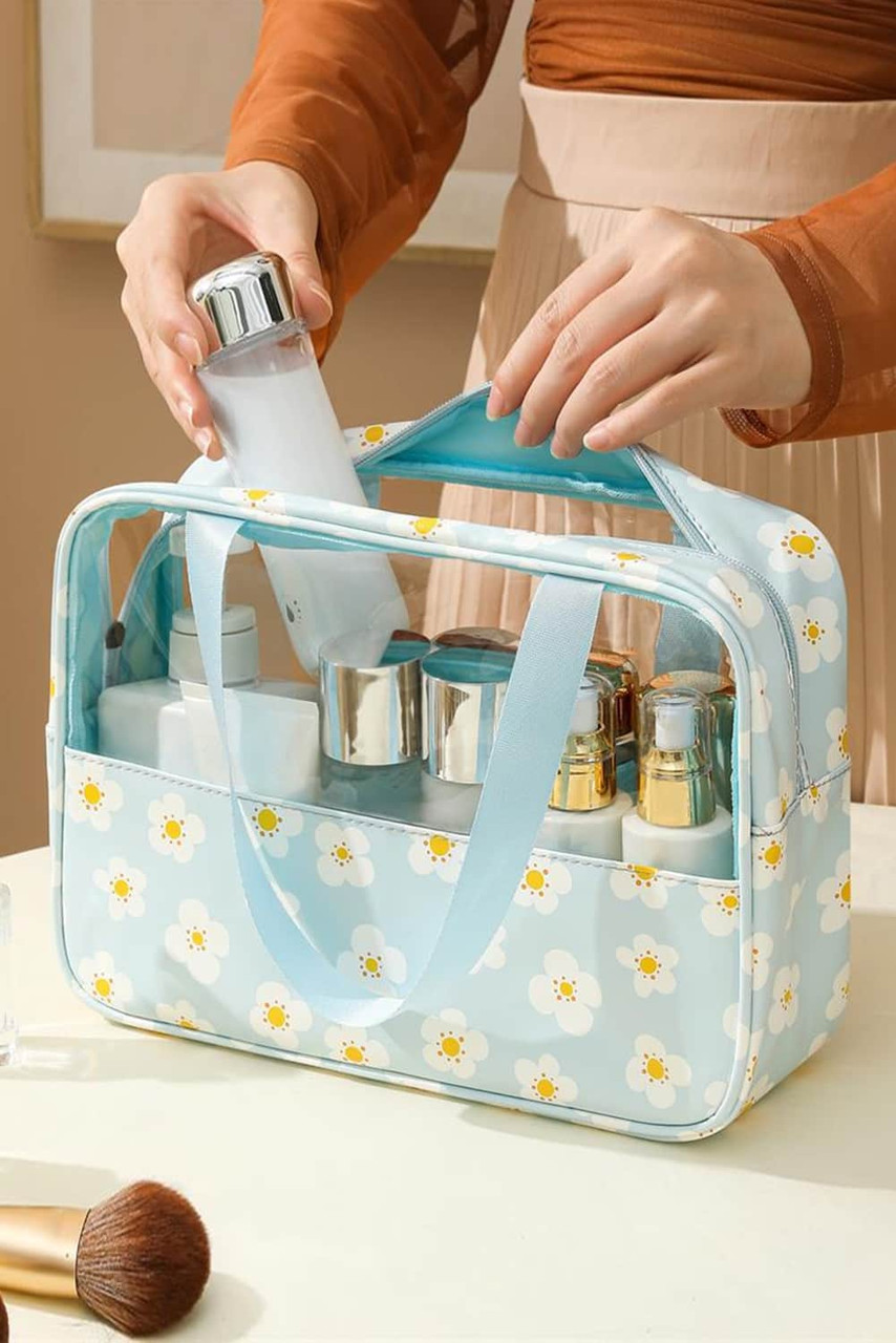 Mist Blue Half Floral Print Handle Strap Waterproof Makeup Bag