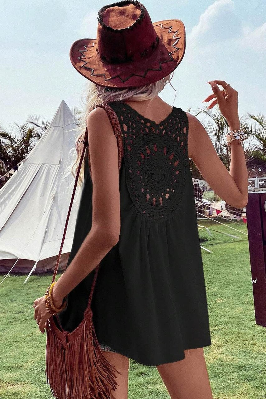Black Bohemian Crochet Patchwork Sleeveless Tunic Black Bohemian Crochet Patchwork Sleeveless Tunic