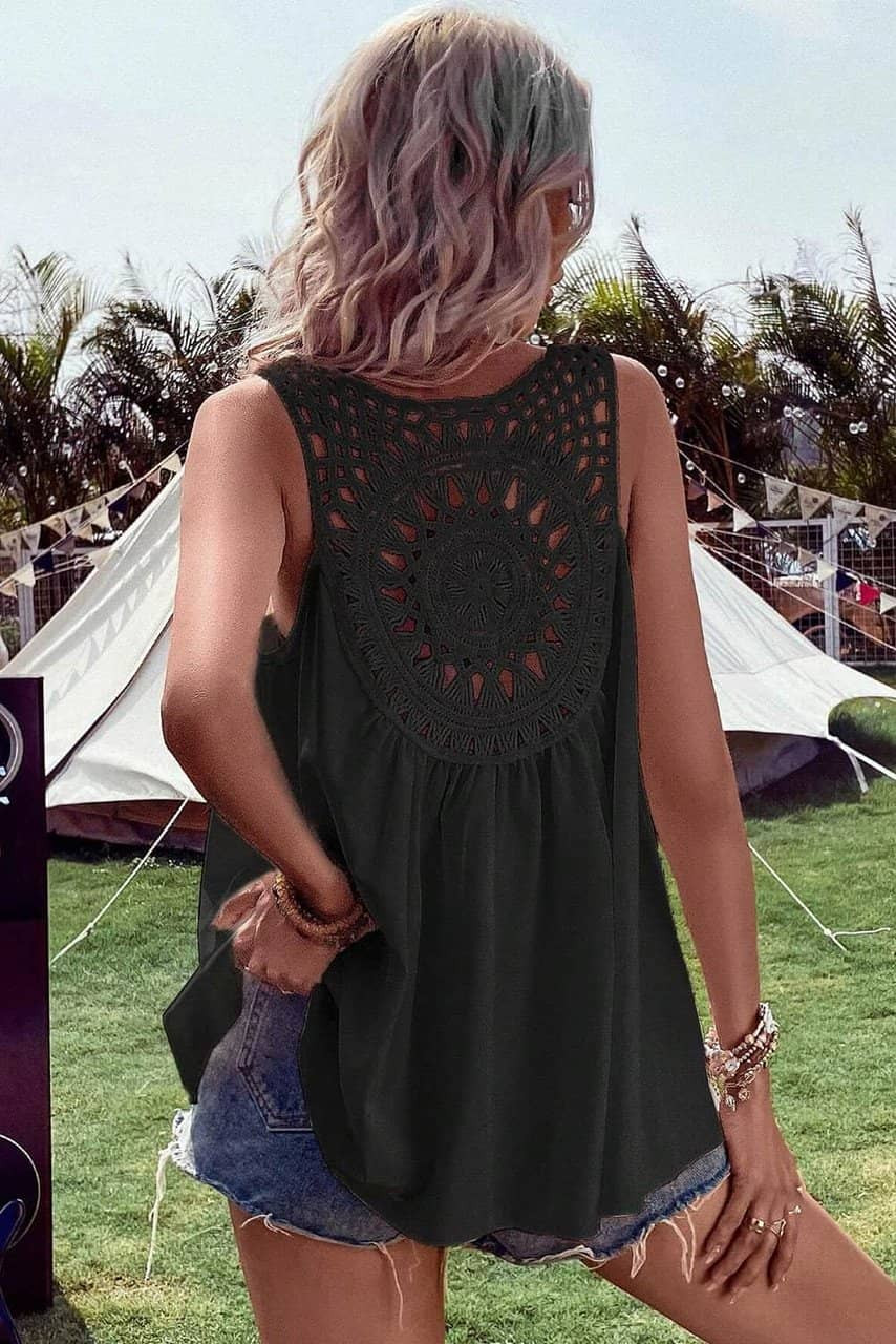 Black Bohemian Crochet Patchwork Sleeveless Tunic Black Bohemian Crochet Patchwork Sleeveless Tunic
