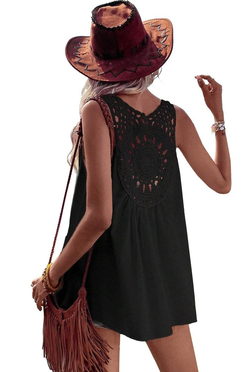Black Bohemian Crochet Patchwork Sleeveless Tunic Black Bohemian Crochet Patchwork Sleeveless Tunic