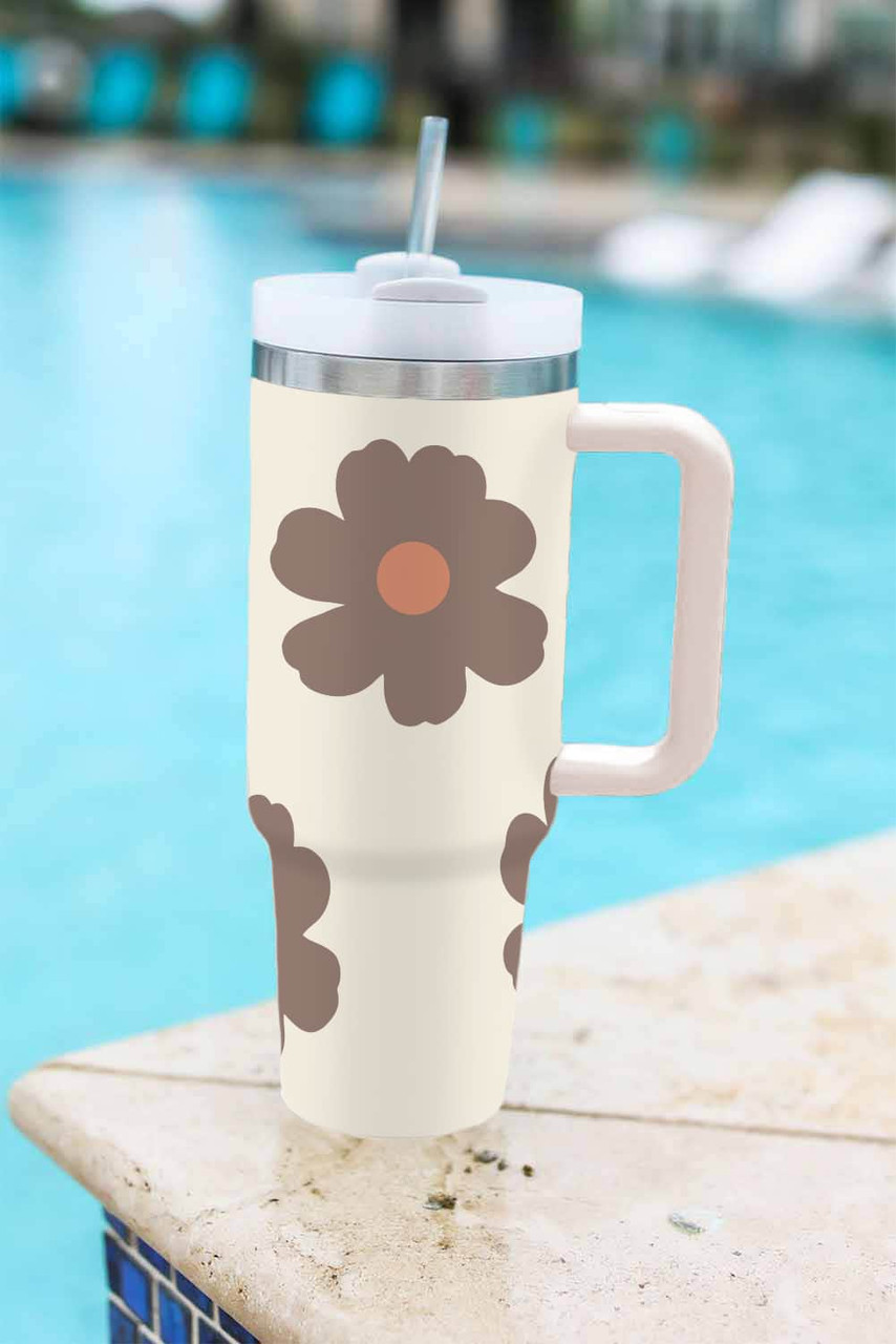 Light French Beige Flower Print Handle Stainless Vacuum 1200ml