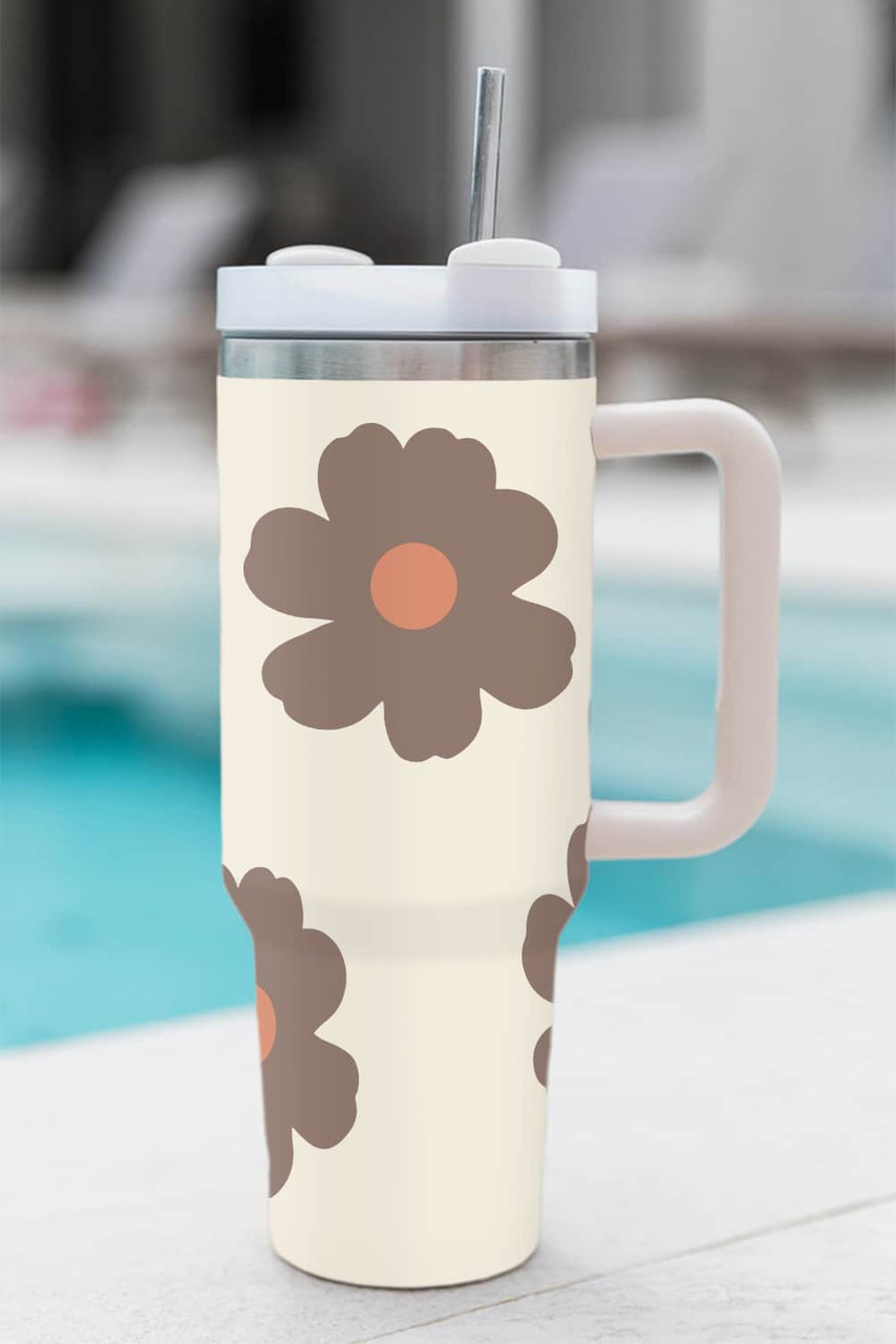 Light French Beige Flower Print Handle Stainless Vacuum 1200ml
