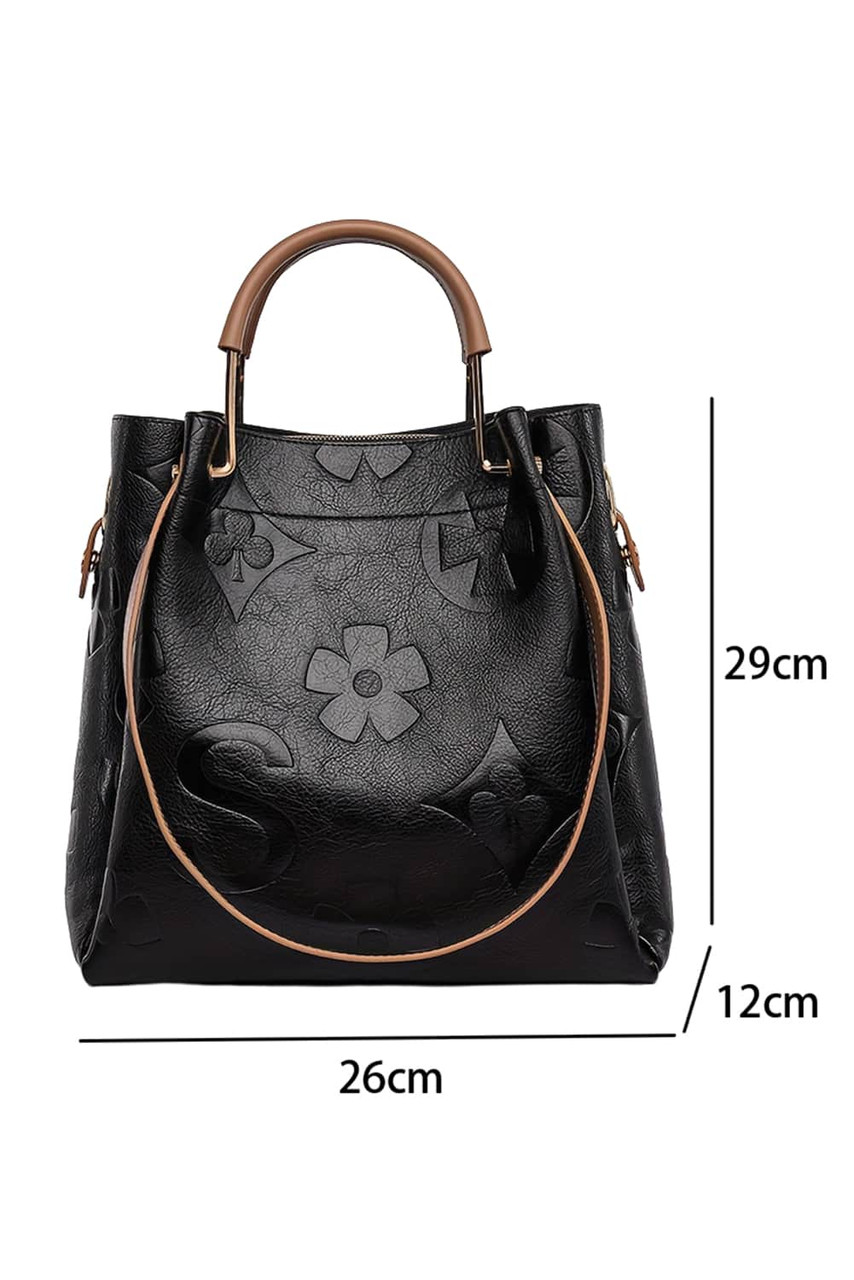 Black Embossed Leather Multi-functional Shoulder Bag with Handle