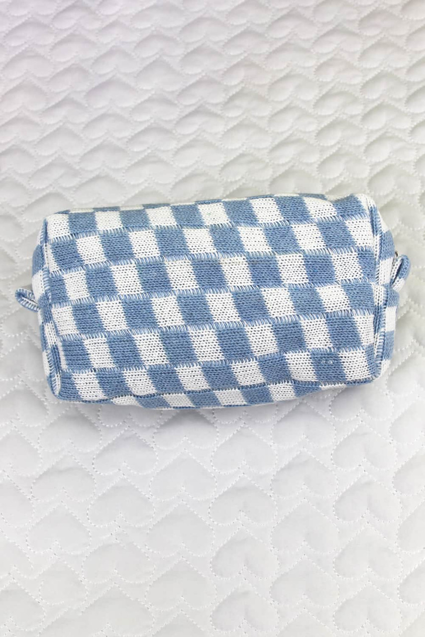 Sky Blue Checkered Knitted Zipper Makeup Bag