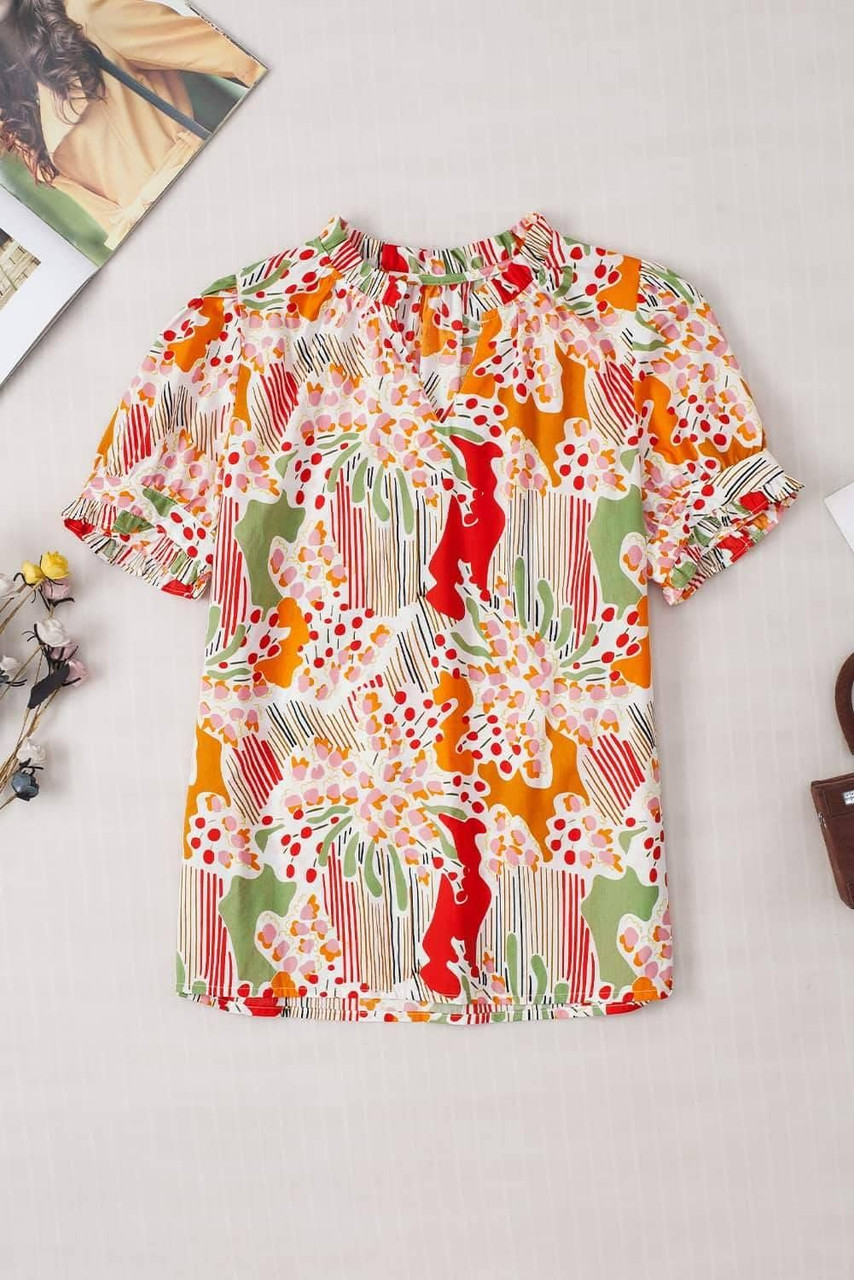 Pink Floral Print Button Frilled Short Sleeve Blouse