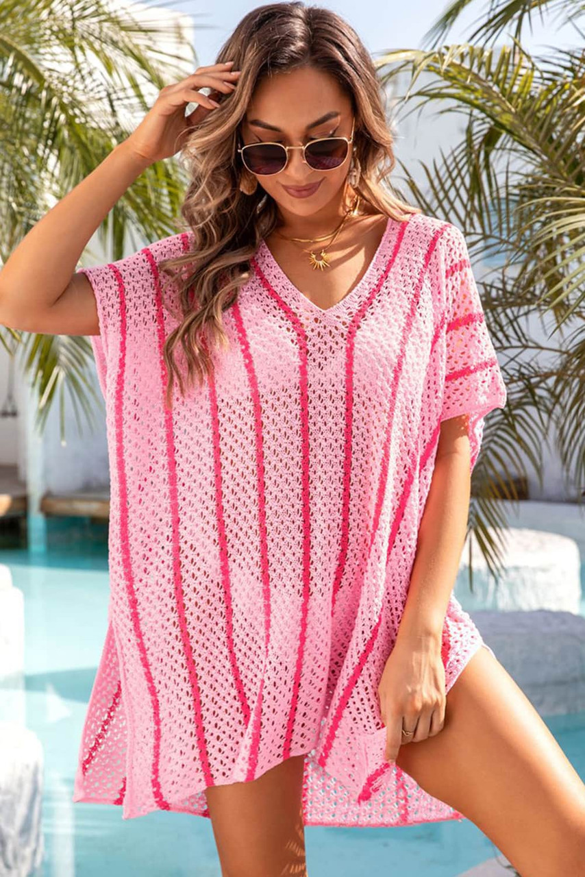 Pink Striped Crochet Loose Fit V Neck Beach Cover Up