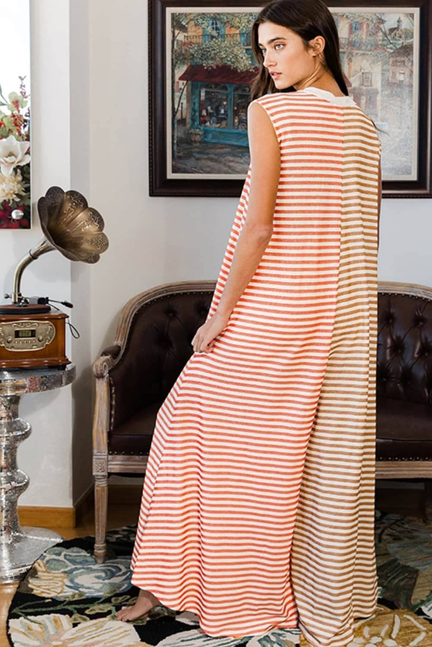 Orange Stripe Oversized Buttoned Front Sleeveless Wide Leg Jumpsuit Orange Stripe Oversized Buttoned Front Sleeveless Wide Leg Jumpsuit