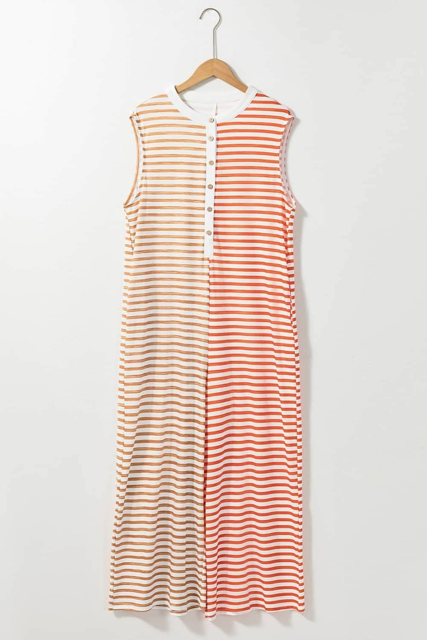 Orange Stripe Oversized Buttoned Front Sleeveless Wide Leg Jumpsuit Orange Stripe Oversized Buttoned Front Sleeveless Wide Leg Jumpsuit