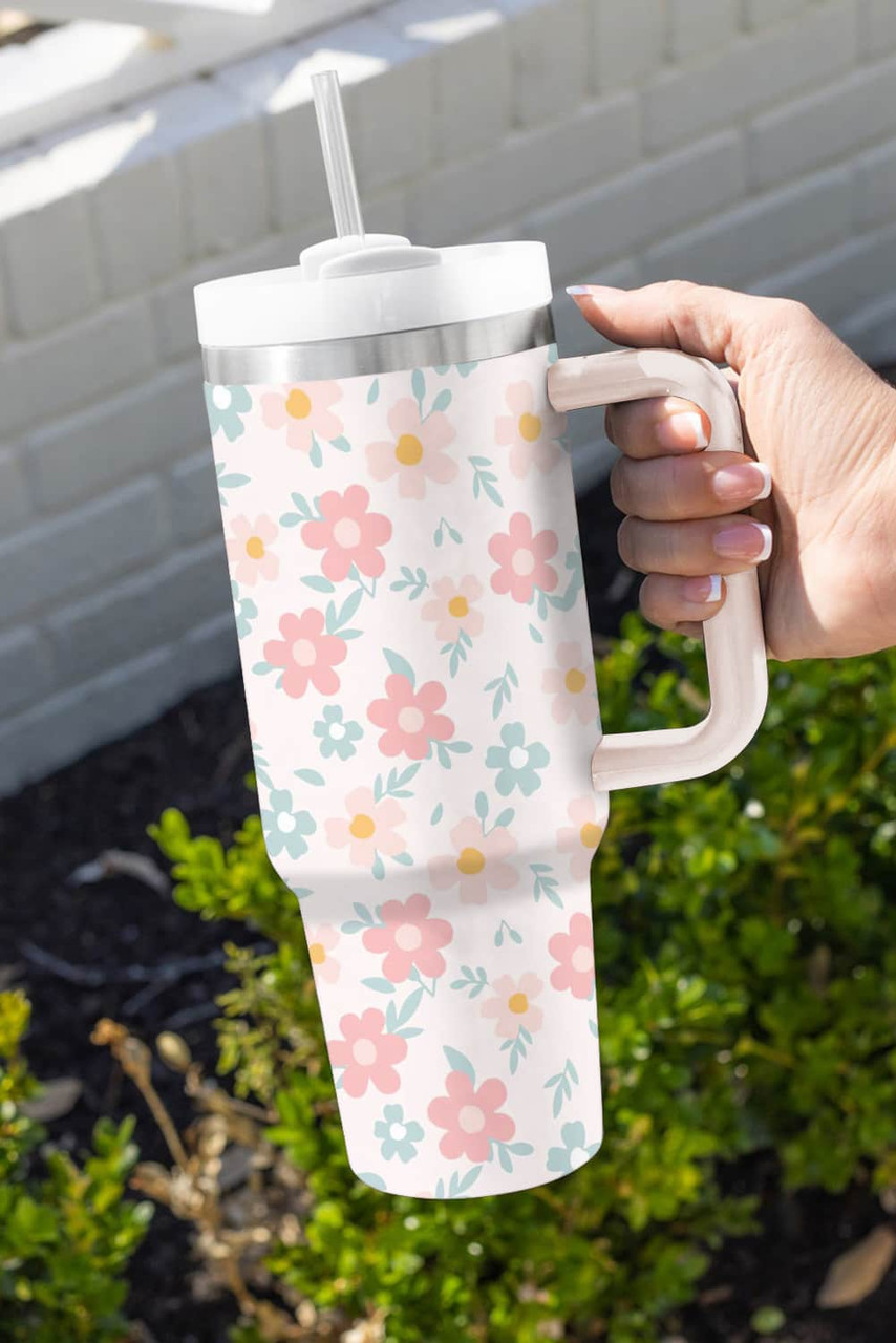 White Floral Pattern Stainless Vacuum Cup with Handle 40oz