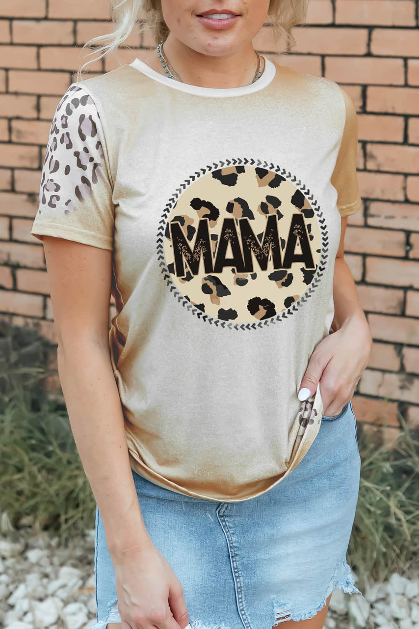 Khaki MAMA Leopard Bleached Print Crew Neck T Shirt