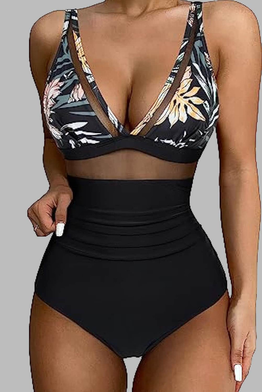 Black Floral Mesh Insert V Neck High Waist Monokini