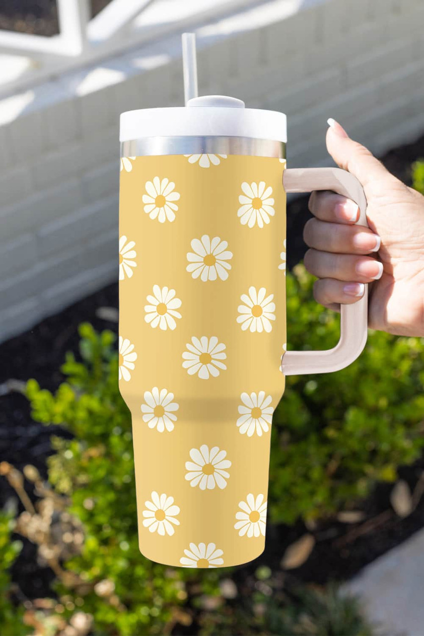 Yellow Daisy Print Handle Stainless Steel Portable Cup 1200ml