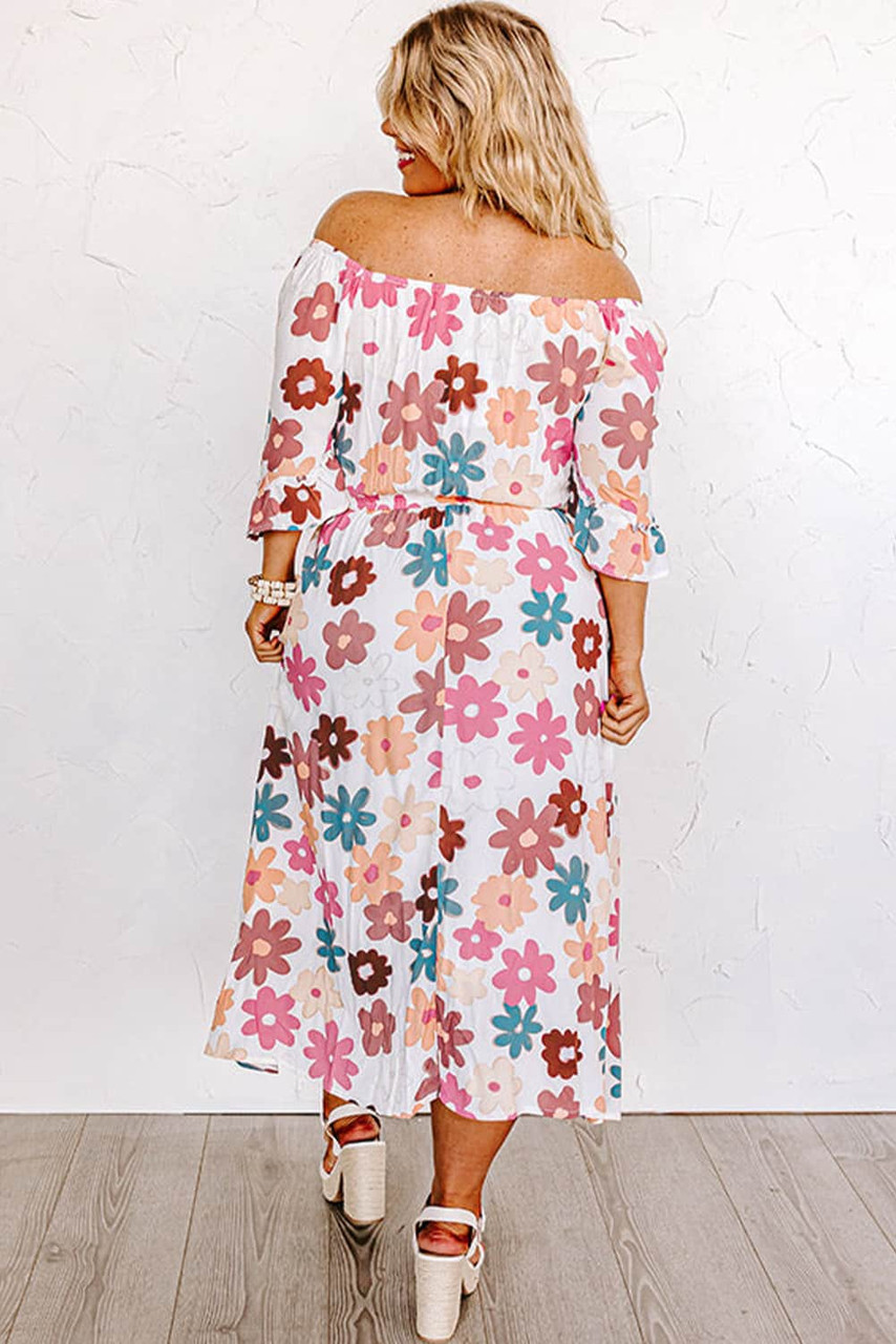 White Plus Size Flower Print Smocked Off Shoulder Dress