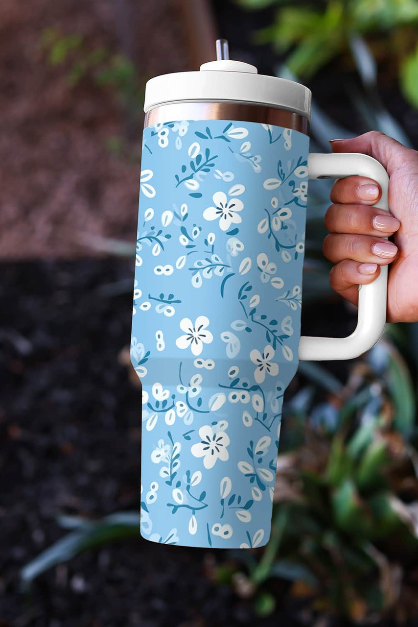 Light Blue Floral Print Stainless Steel Vacuum Cup 40oz