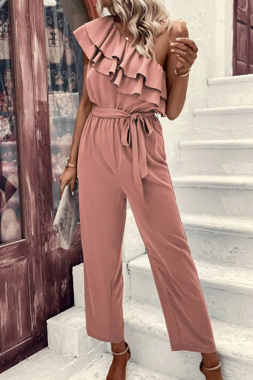 Dusty Pink One Shoulder Ruffle Trim Belted Jumpsuit