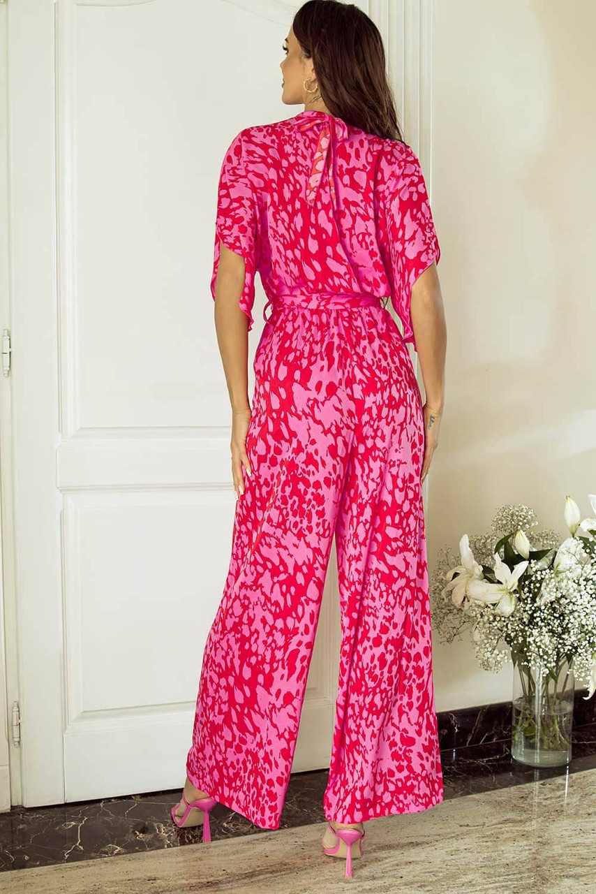 Rose Leopard Loose Sleeve Belted Wide Leg Jumpsuit Rose Leopard Loose Sleeve Belted Wide Leg Jumpsuit