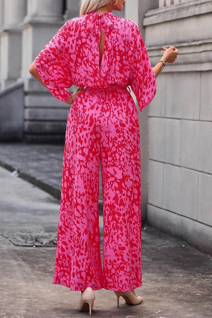 Rose Leopard Loose Sleeve Belted Wide Leg Jumpsuit Rose Leopard Loose Sleeve Belted Wide Leg Jumpsuit