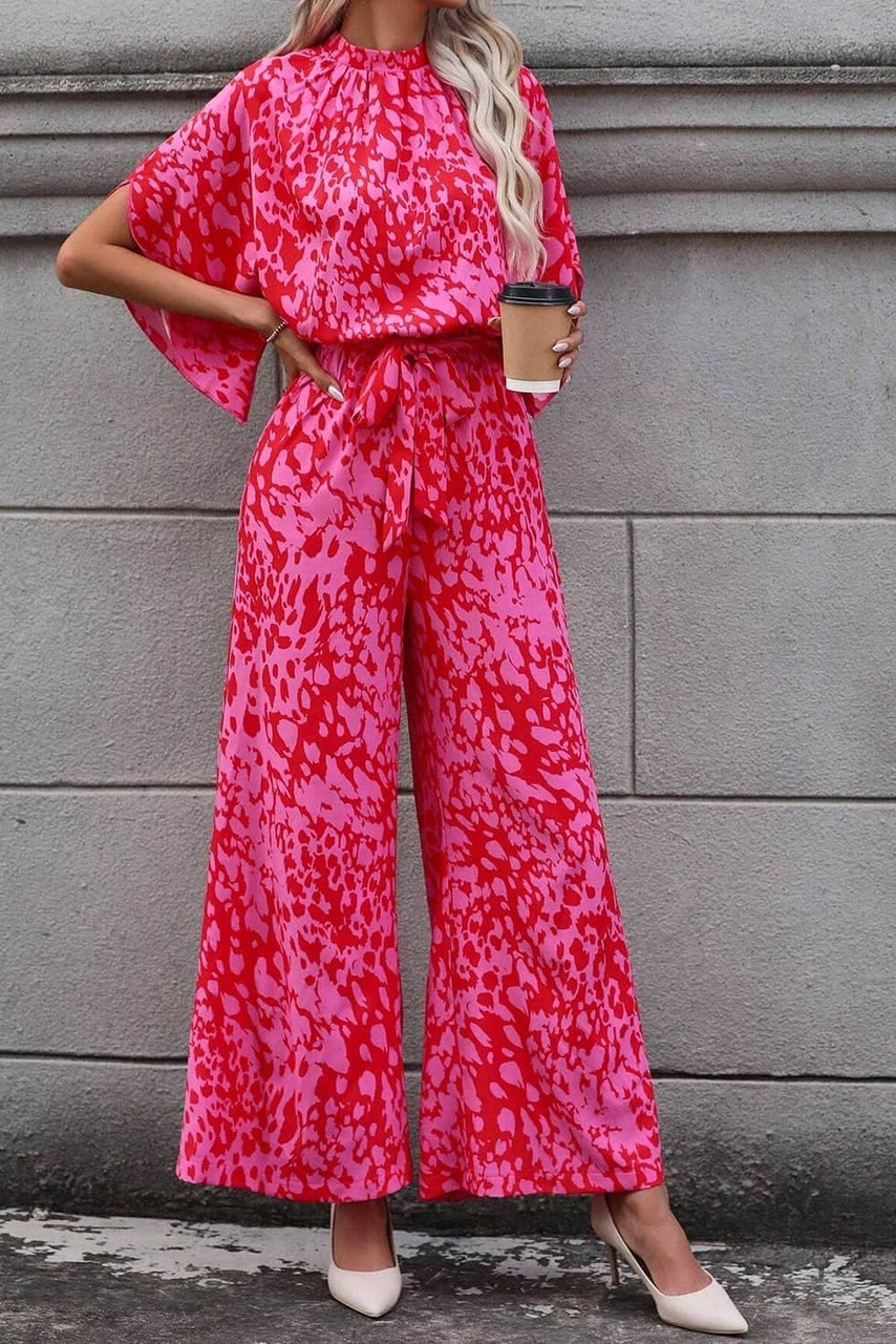 Rose Leopard Loose Sleeve Belted Wide Leg Jumpsuit Rose Leopard Loose Sleeve Belted Wide Leg Jumpsuit