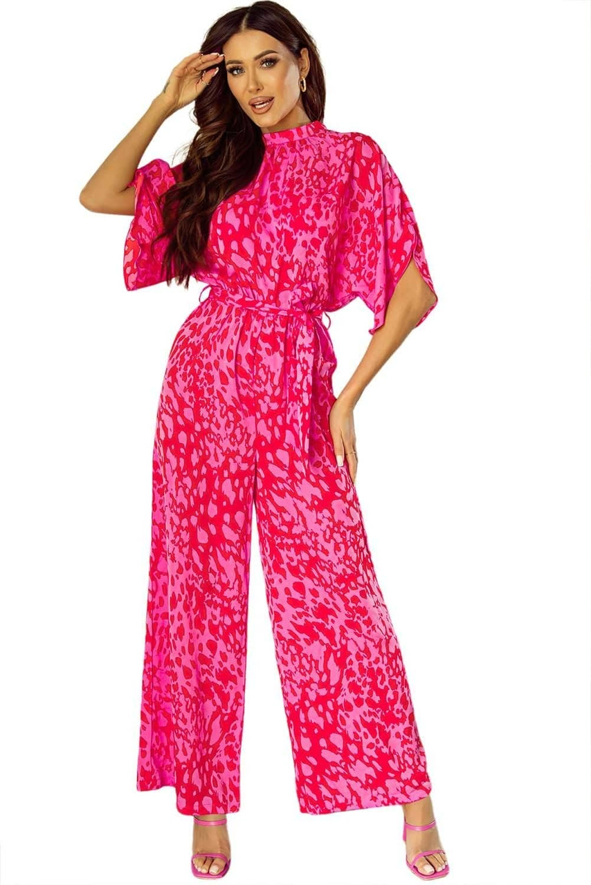 Rose Leopard Loose Sleeve Belted Wide Leg Jumpsuit Rose Leopard Loose Sleeve Belted Wide Leg Jumpsuit
