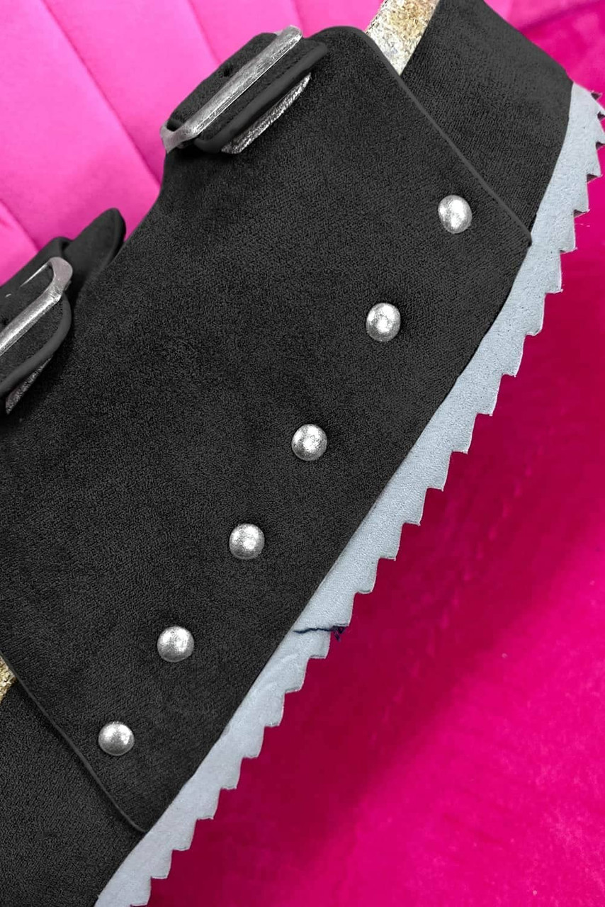 Black Suede Buckle Decor Footbed Sandal Slippers