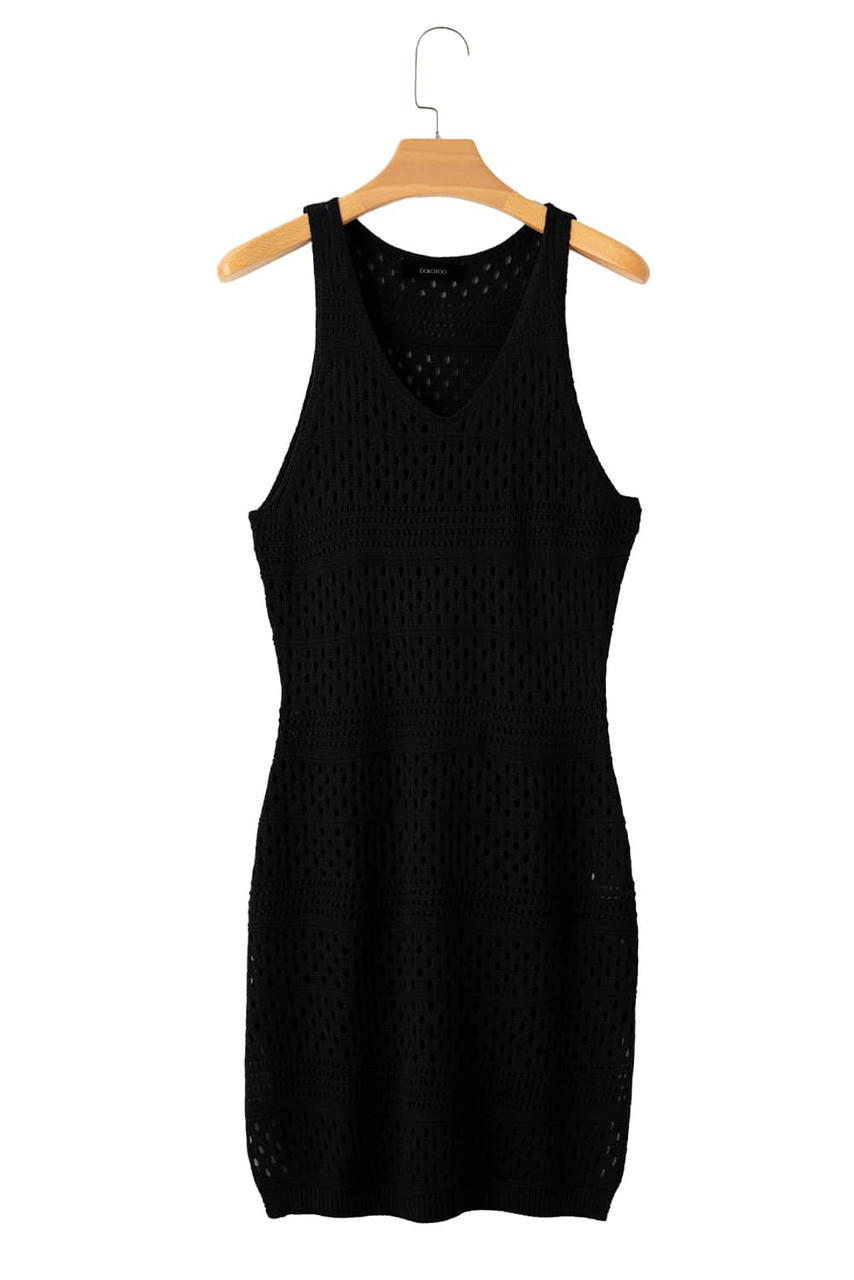 Black Hollow Out Crochet Cover Up Dress with Slits