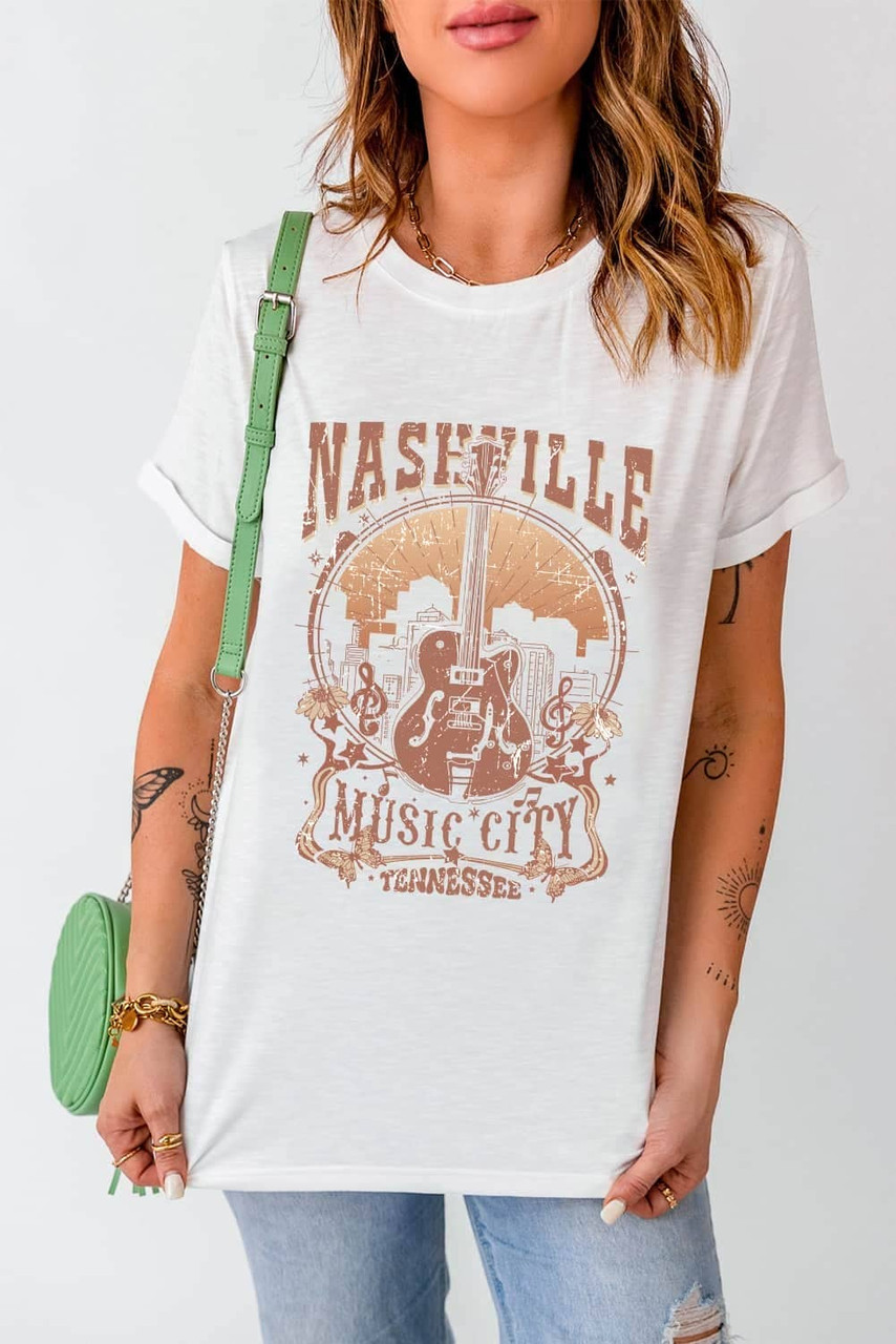 White Vintage NASHVILLE Music City Crewneck Graphic T Shirt