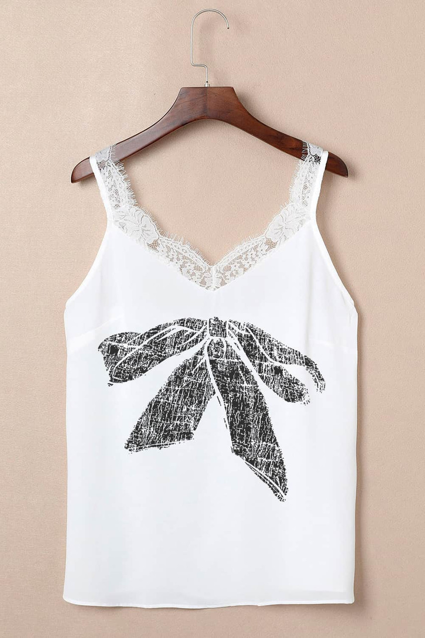 White Bow Knot Print Lace Splicing V Neck Tank Top