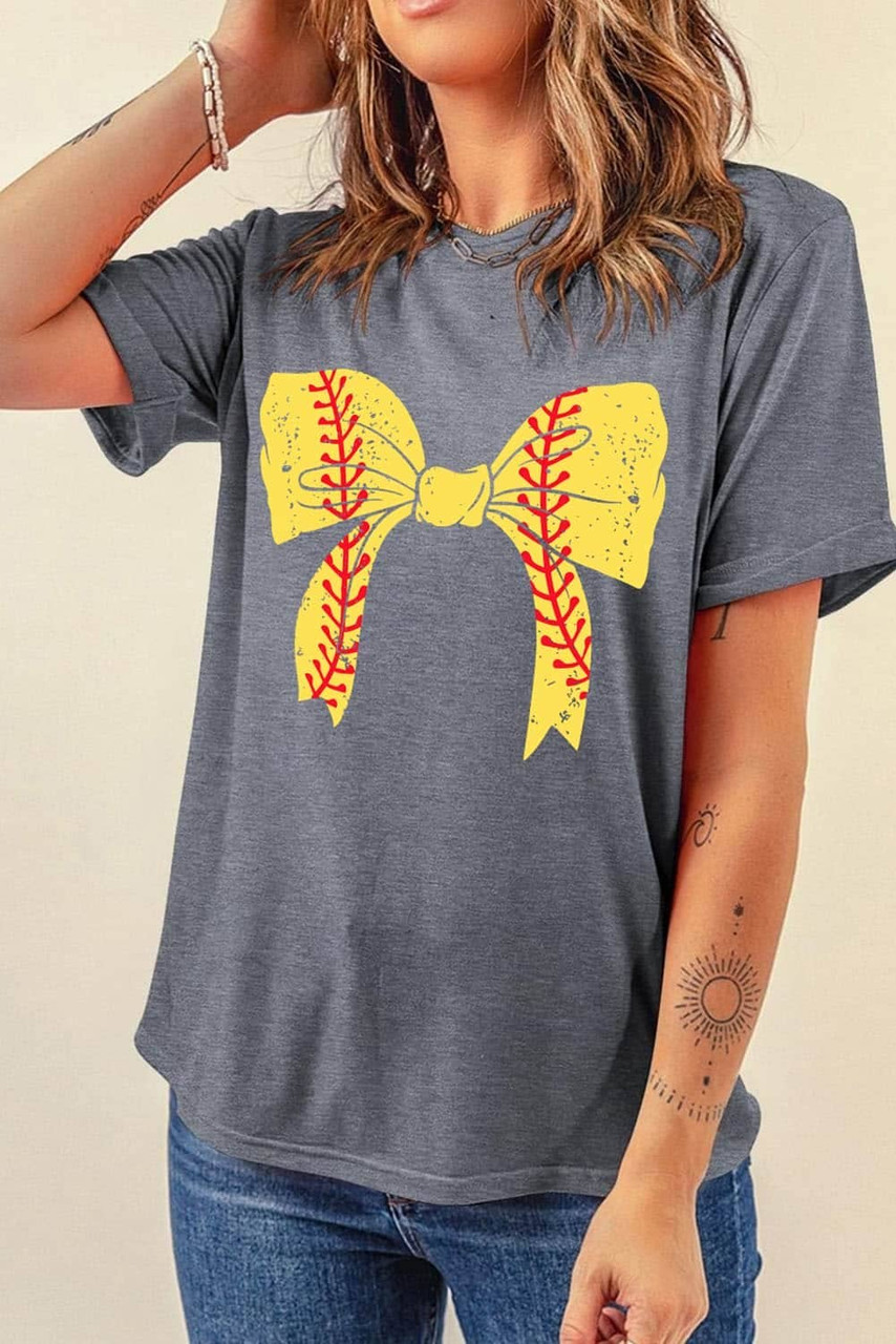 Gray Baseball Bowknot Graphic Casual Tee Gray Baseball Bowknot Graphic Casual Tee
