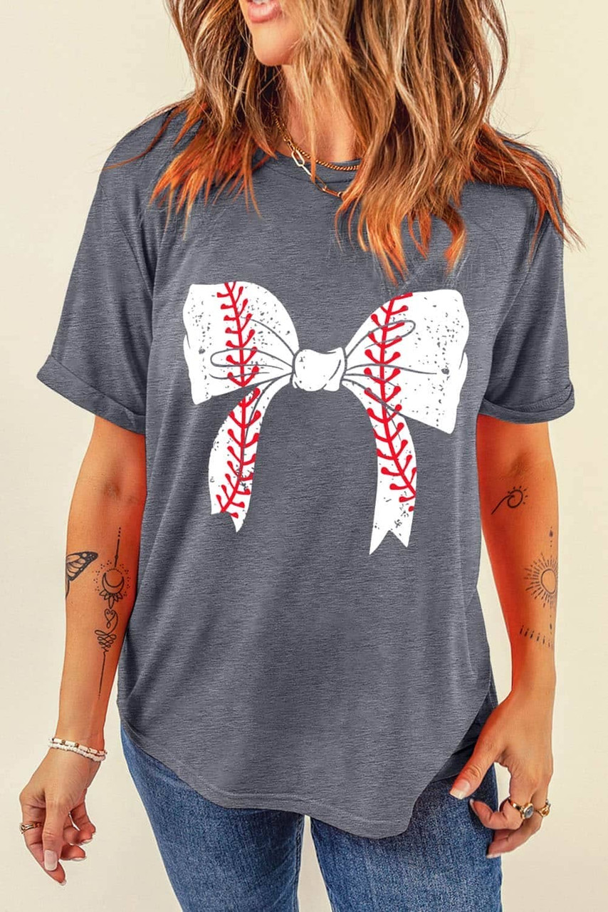 Gray Baseball Bowknot Graphic Casual Tee Gray Baseball Bowknot Graphic Casual Tee