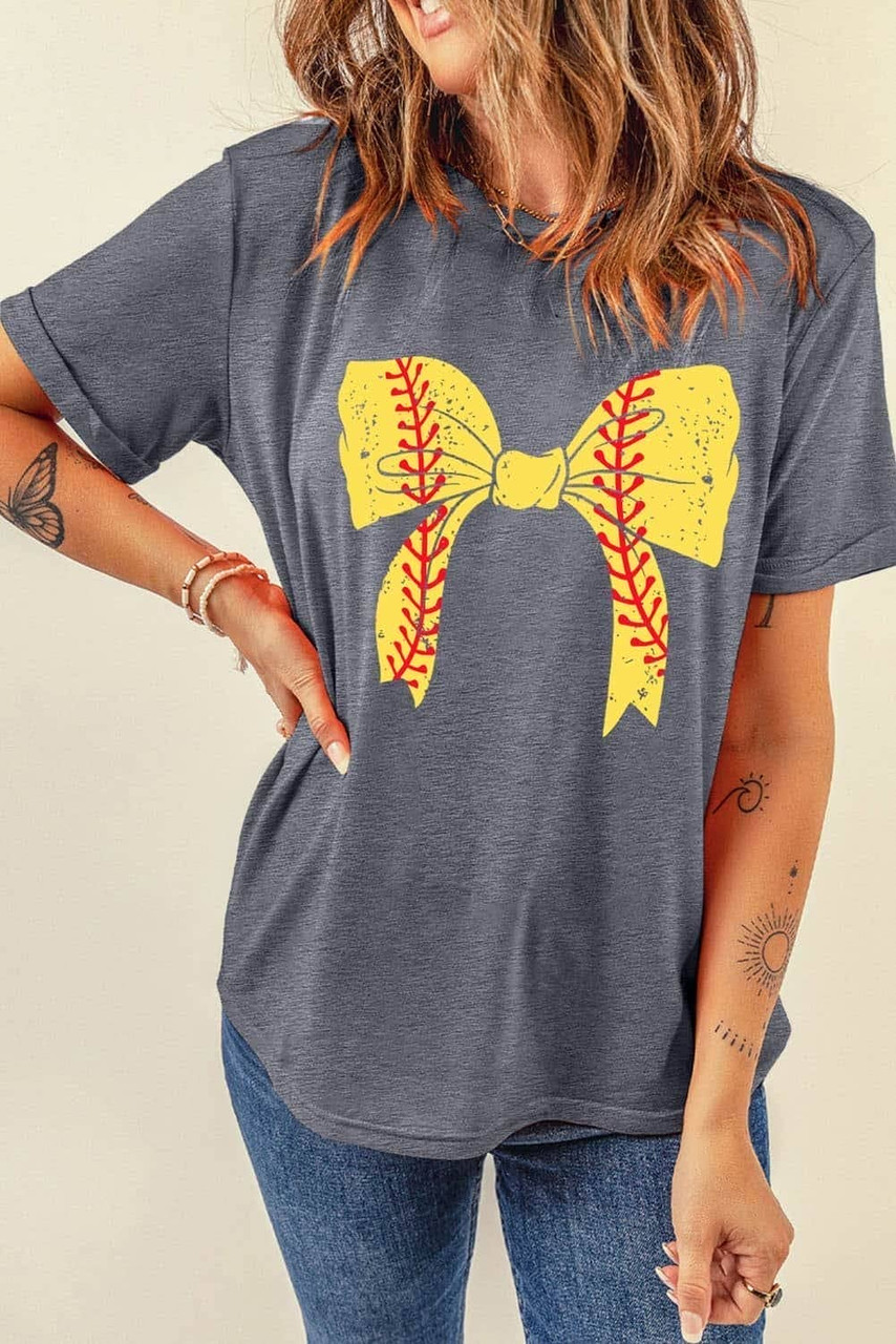 Gray Baseball Bowknot Graphic Casual Tee Gray Baseball Bowknot Graphic Casual Tee