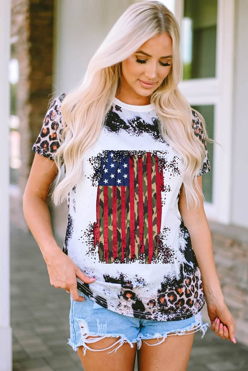 Leopard Vintage American Flag Graphic T Shirt Leopard Vintage American Flag Graphic T Shirt