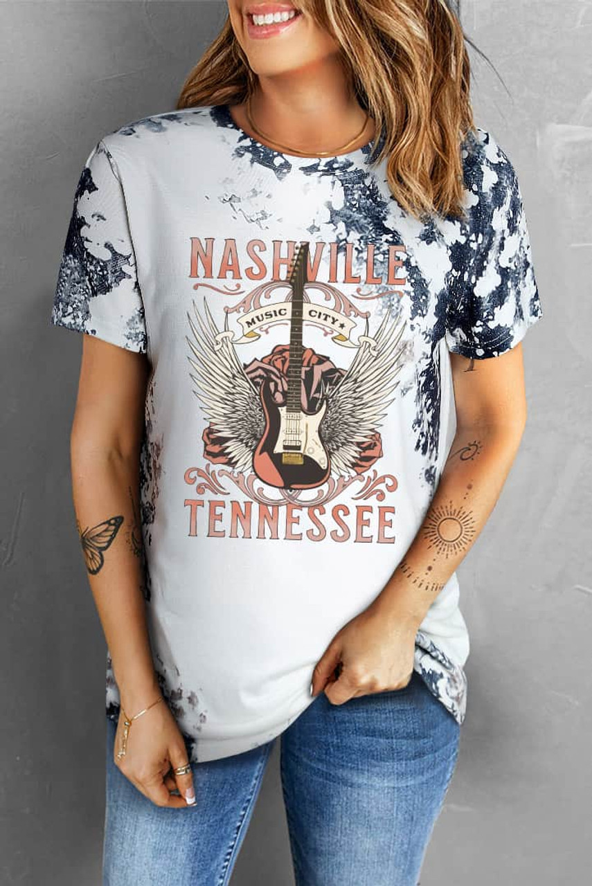 Gray Tie Dye NASHVILLE TENNESSEE Guitar Graphic T-shirt
